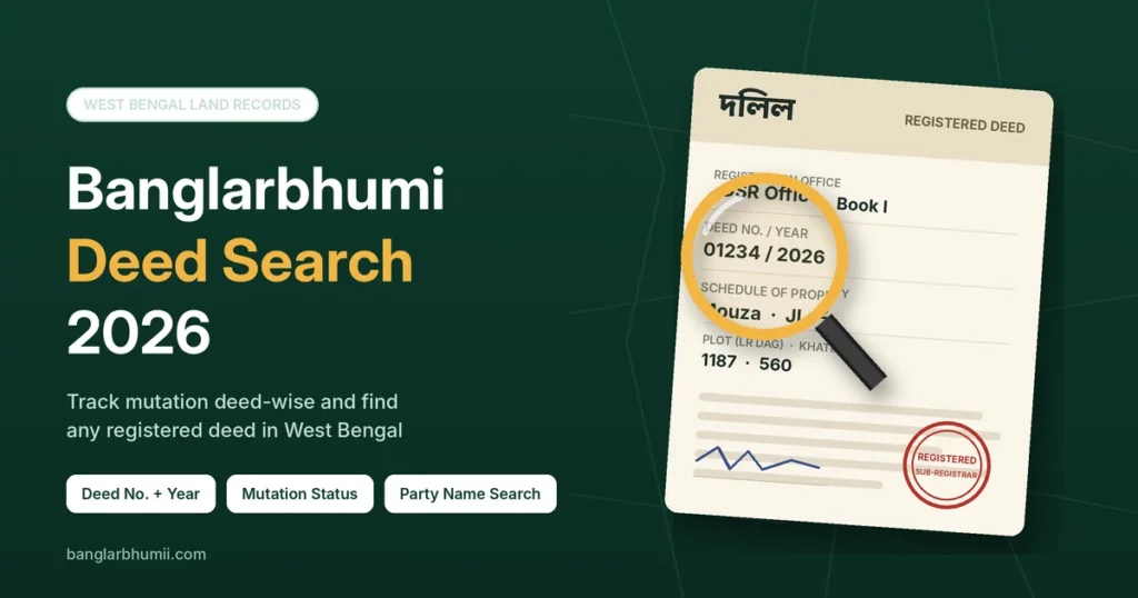 Banglarbhumi deed search 2026 guide showing a registered deed with the deed number and year under a magnifying glass