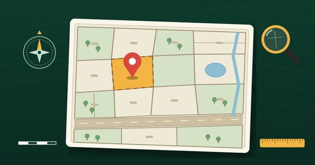 Banglarbhumi map 2026 guide showing a mouza map with a highlighted plot, location pin, road and pond